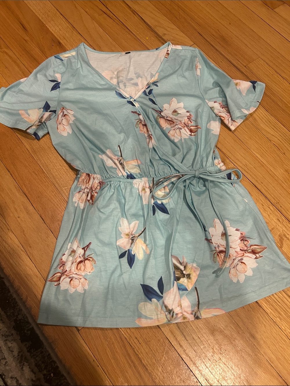 Light Blue Floral Faux Wrap Tie-Waist Top